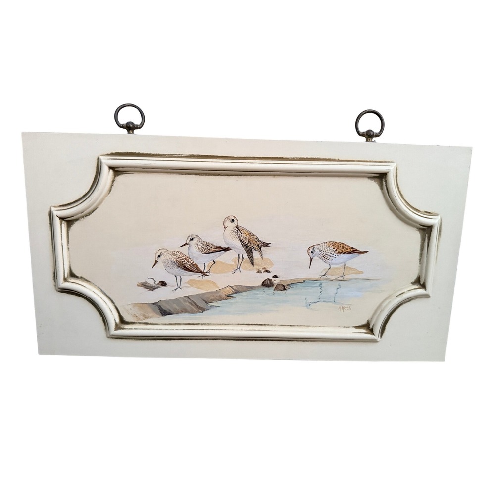 K. Roth Signed Hand Painted Sandpipers Shorebirds Coastal Wood Plaque Wall Art